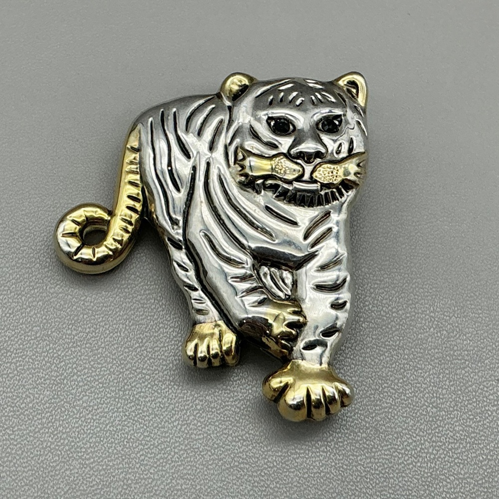 Best Brooch Women Silver Gold Tiger Animal Pin Pendant Vintage Two Tone 1.5 Inch